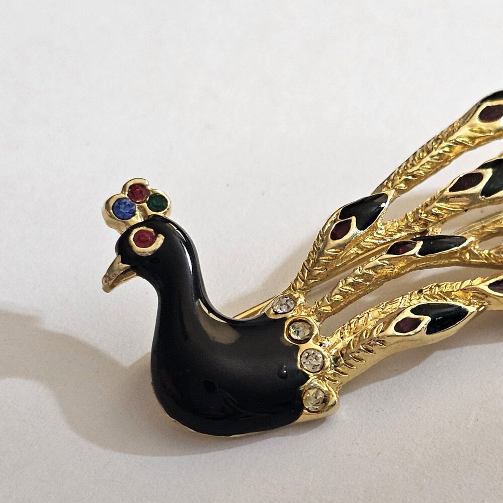 🦚 Vintage Peacock Brooch Pin Gold Tone Black Enamel and Rhinestones